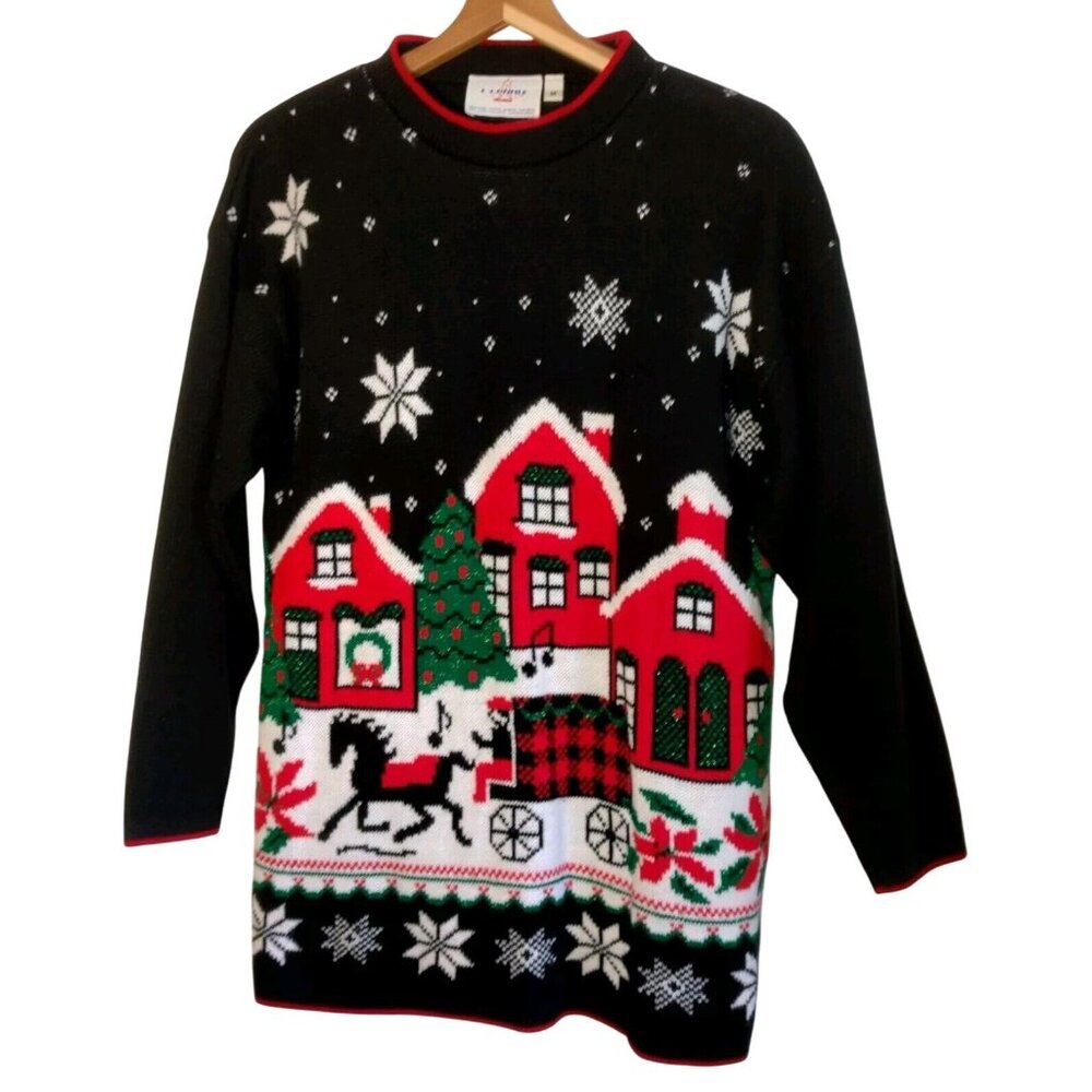 Ugly Christmas Sweater JJ Poole M Black Glitter Snow Village Sleigh Grannycore